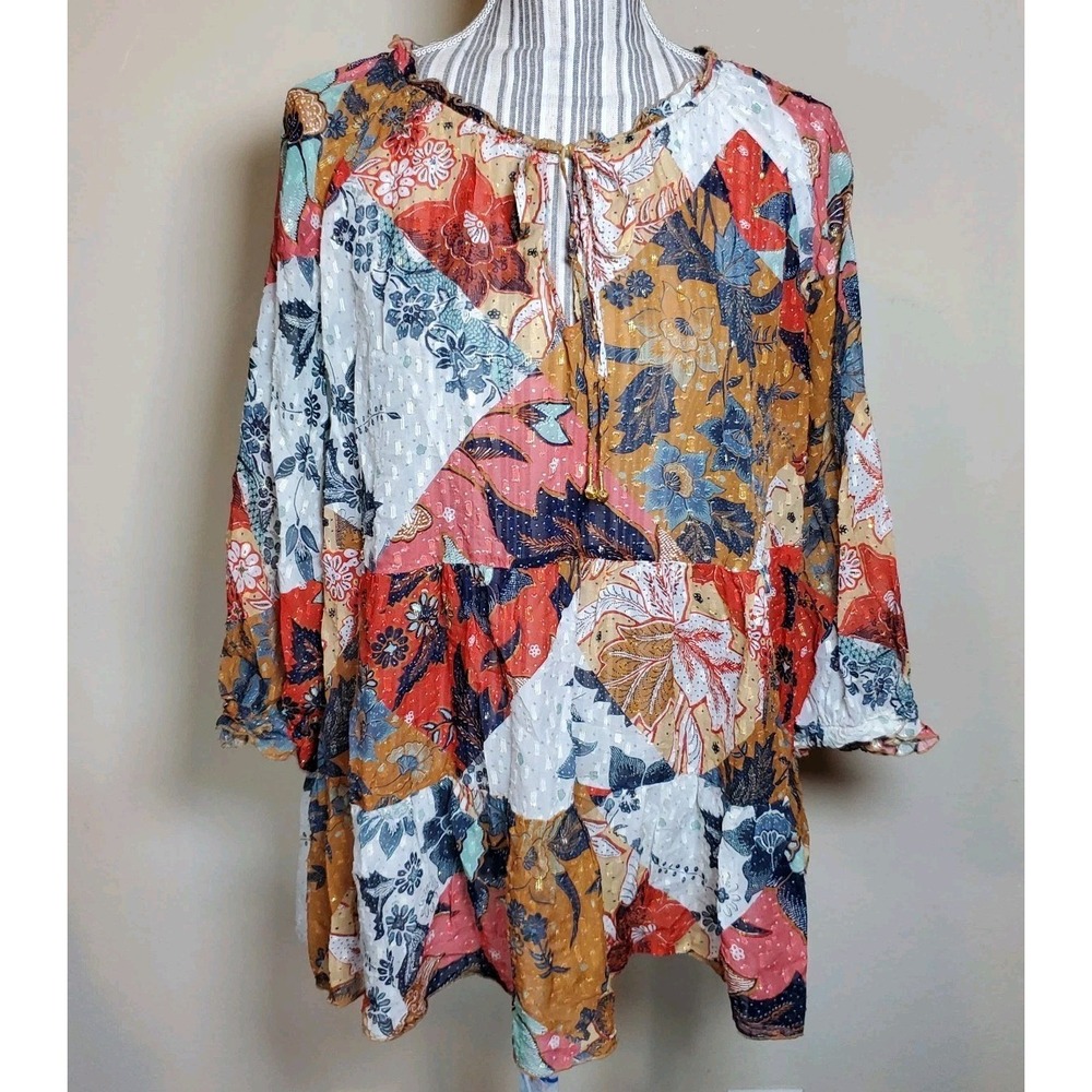 Johnny Was Silk Blend Metalic Thread Tunic 3/4 Puff Sleeves Sheer Floral Sz XL